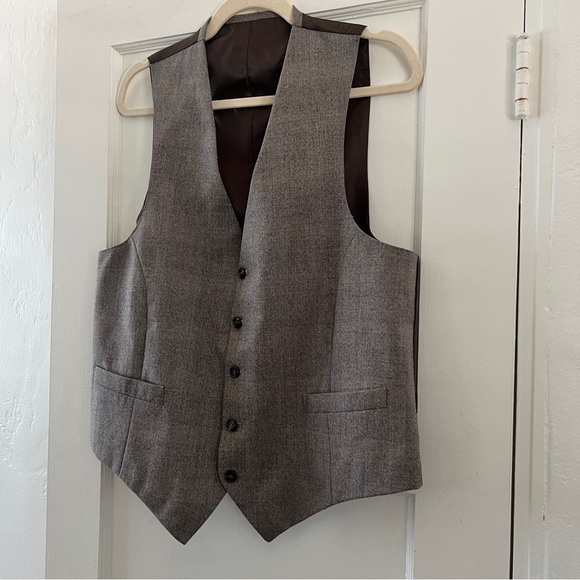 Vintage men's glen check suit vest grey brown button front adjustable - Picture 2 of 12